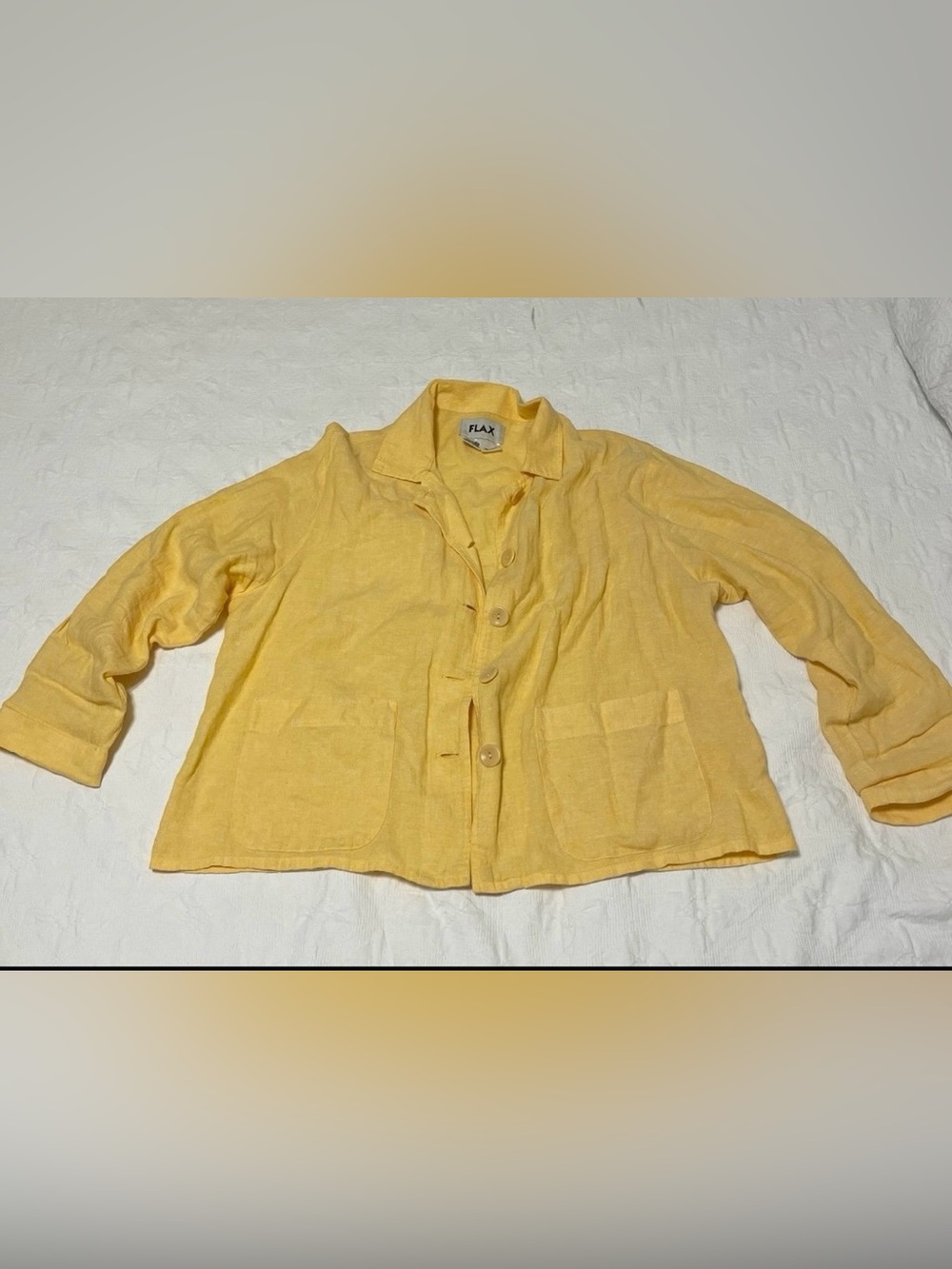 Flax Lightweight Yellow Linen Button-Front Jacket.
